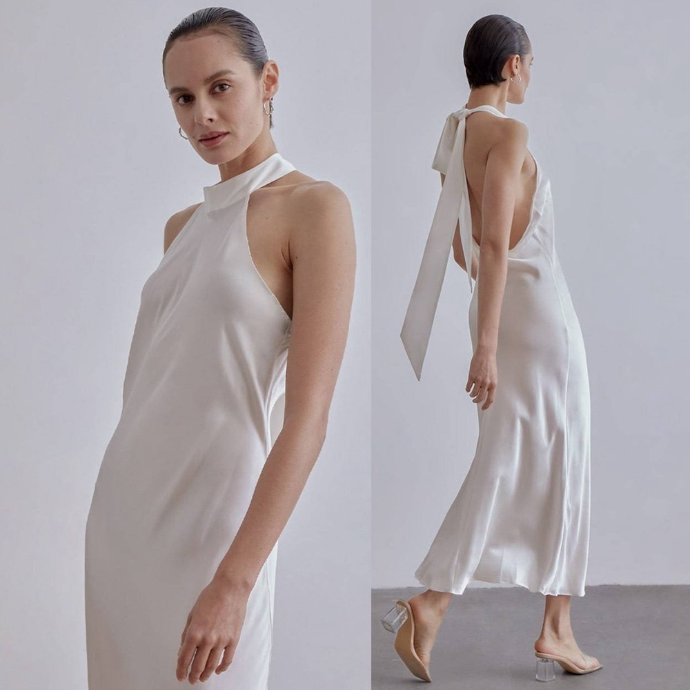Silk Maison French Bow Halterneck Mulberry Silk Maxi Dress in White Pearl